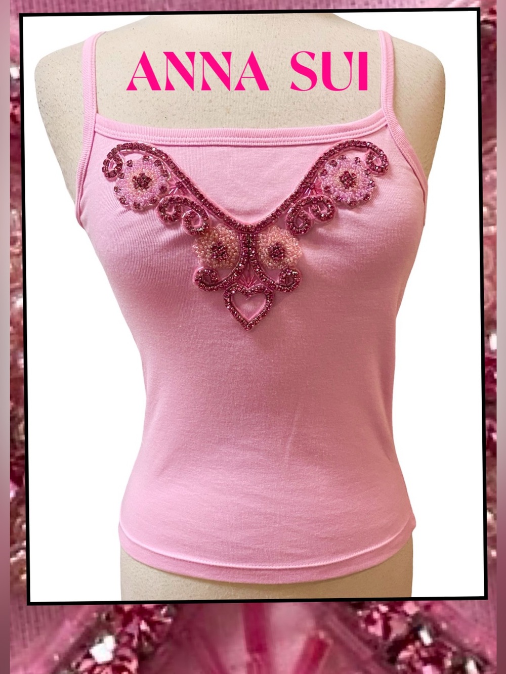 ANNA SUI Pink Cotton Knit Top Pink Rhinestone Beaded Embellishment New S/M